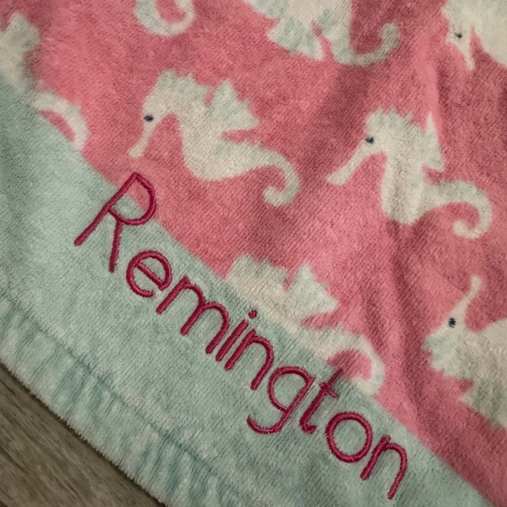 Pottery Barn Kids Pink Hooded Towel with Mint Trim- personalized Remington